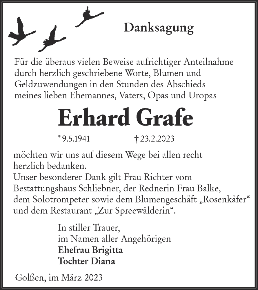 Traueranzeige für Erhard Grafe vom 01.04.2023 aus Lausitzer Rundschau