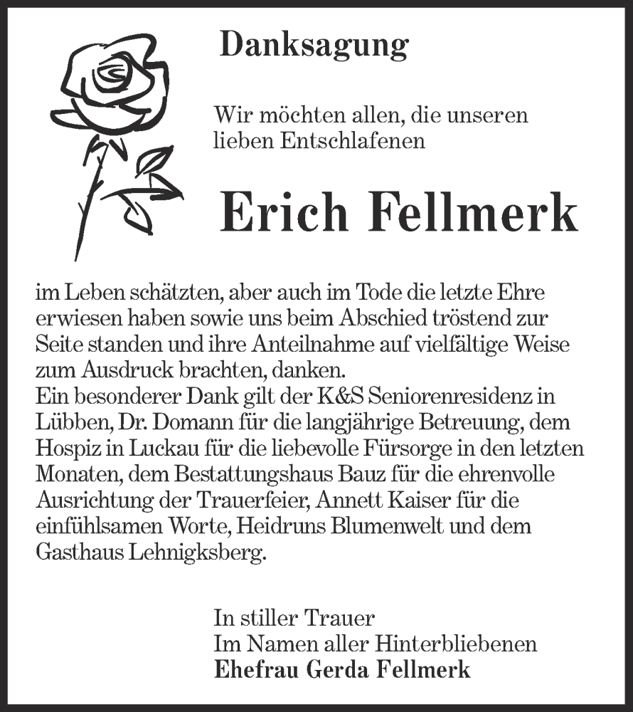  Traueranzeige für Erich Fellmerk vom 15.04.2023 aus Lausitzer Rundschau