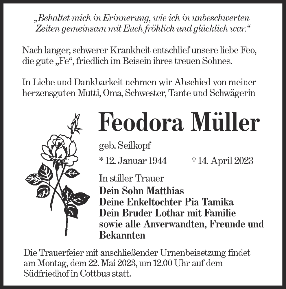  Traueranzeige für Feodora Müller vom 29.04.2023 aus Lausitzer Rundschau