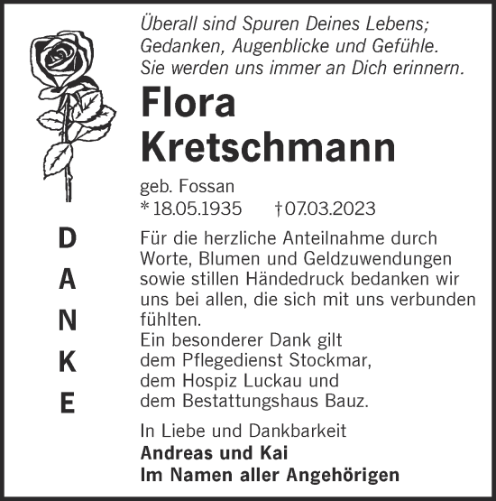 Traueranzeige von Flora Kretschmann von Lausitzer Rundschau