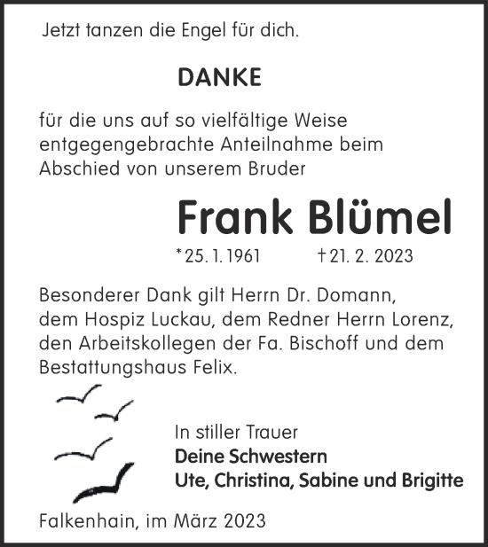 Traueranzeige von Frank Blümel von Lausitzer Rundschau