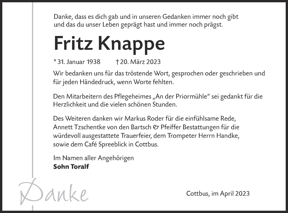  Traueranzeige für Fritz Knappe vom 15.04.2023 aus Lausitzer Rundschau