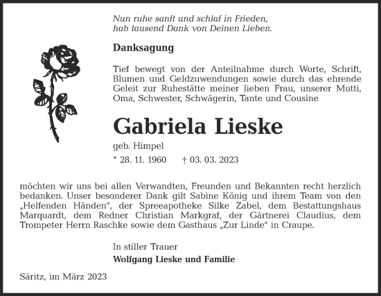 Traueranzeige von Gabriela Lieske von Lausitzer Rundschau