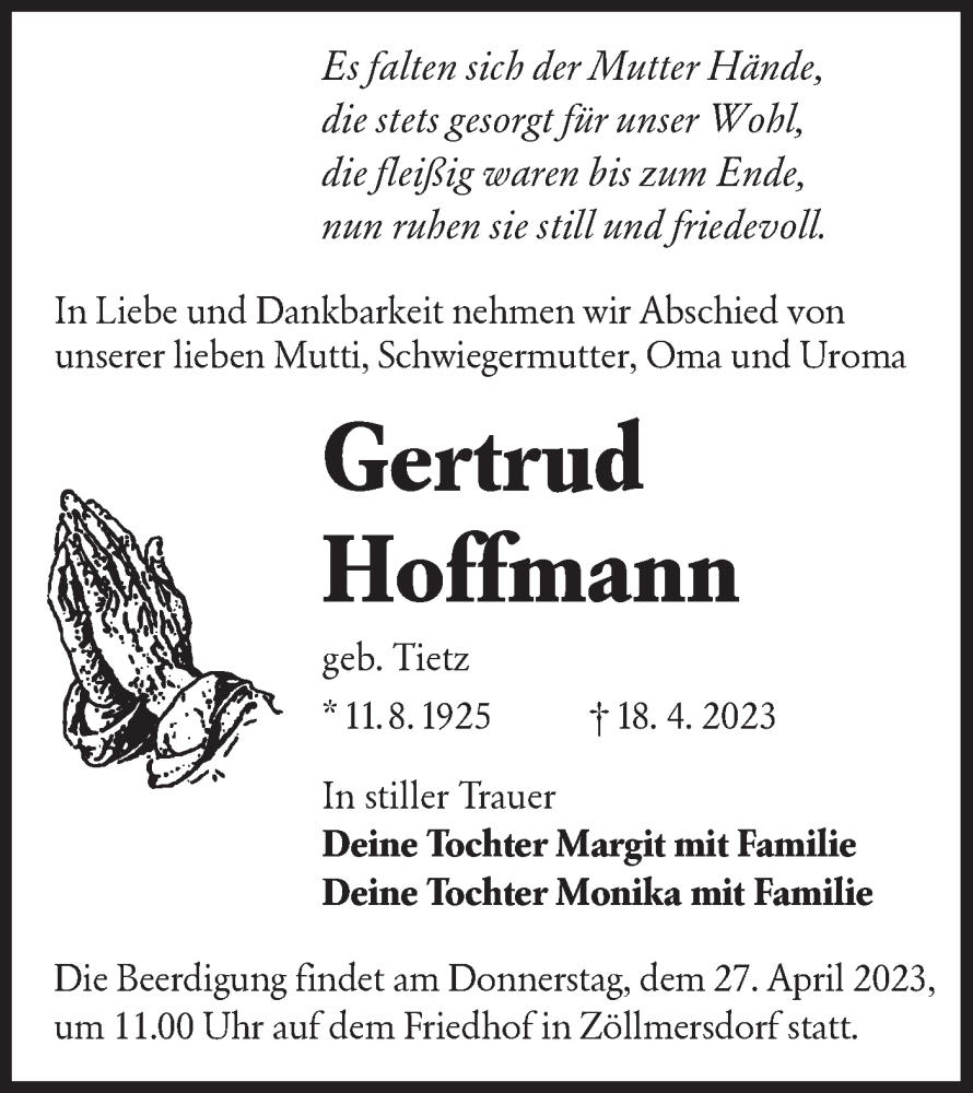  Traueranzeige für Gertrud Hoffmann vom 22.04.2023 aus Lausitzer Rundschau