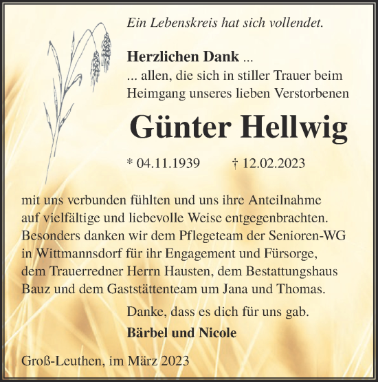 Traueranzeige von Günter Hellwig von Lausitzer Rundschau