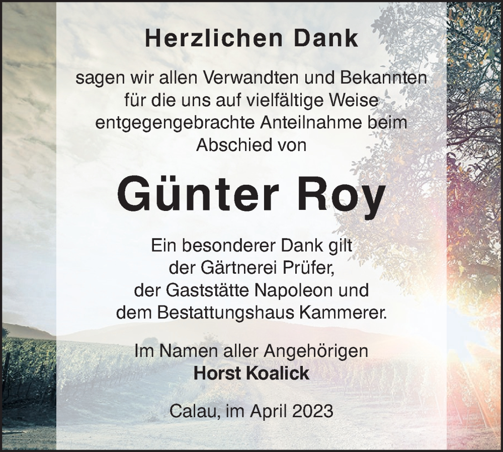  Traueranzeige für Günter Roy vom 22.04.2023 aus Lausitzer Rundschau