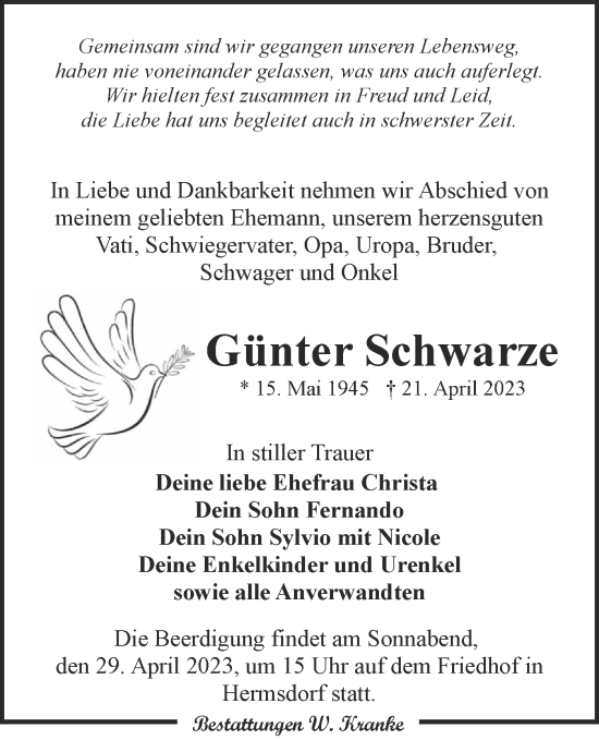 Traueranzeige von Günter Schwarze von Lausitzer Rundschau