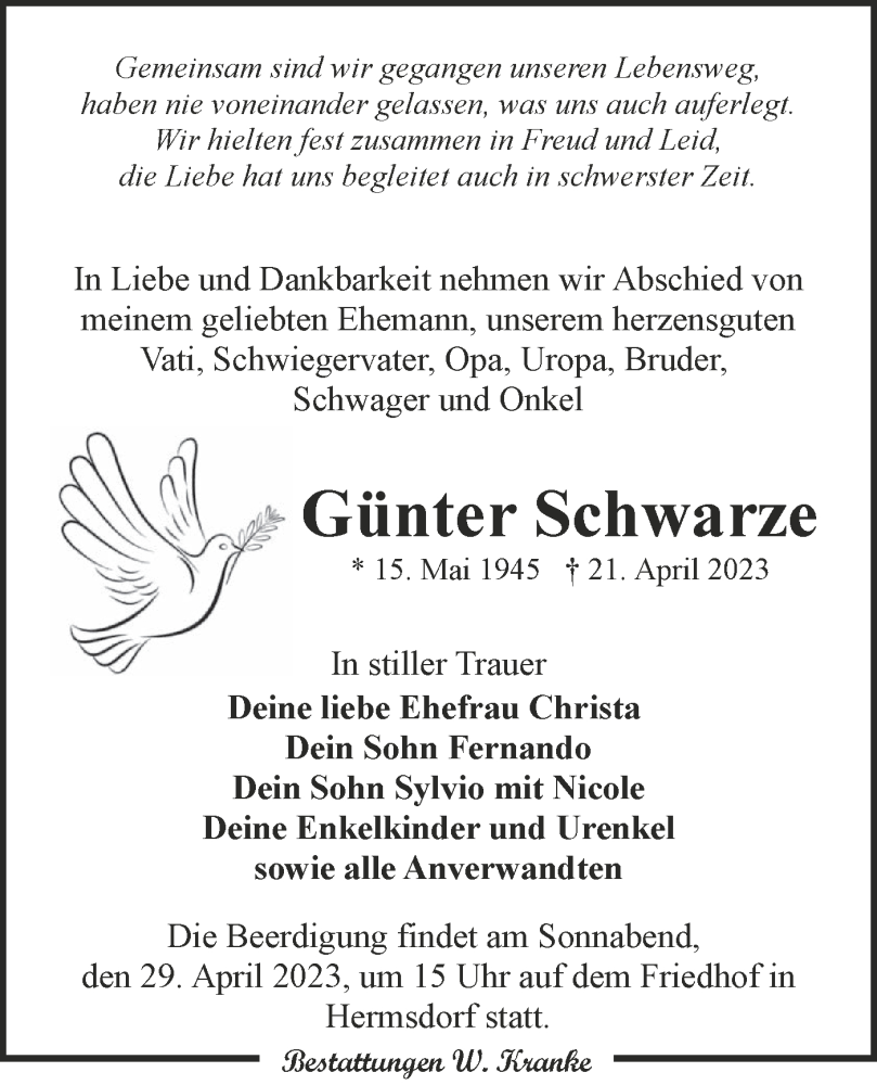  Traueranzeige für Günter Schwarze vom 27.04.2023 aus Lausitzer Rundschau