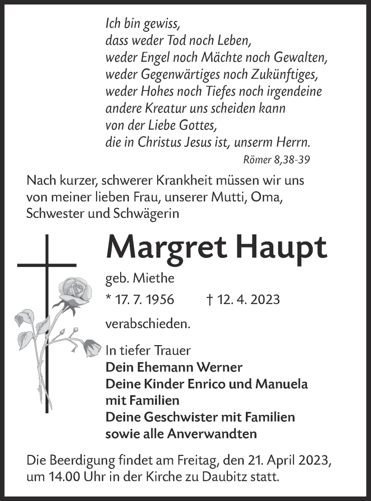  Traueranzeige für Haupt Margret vom 18.04.2023 aus Lausitzer Rundschau