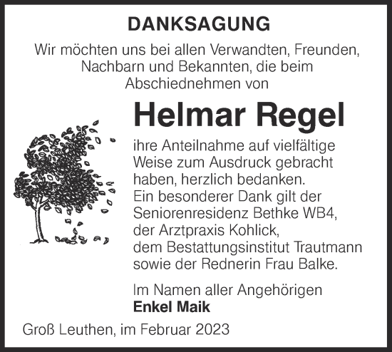 Traueranzeige von Helmar Regel von Lausitzer Rundschau