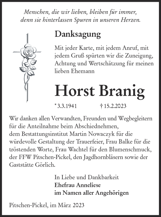 Traueranzeige von Horst Branig von Lausitzer Rundschau