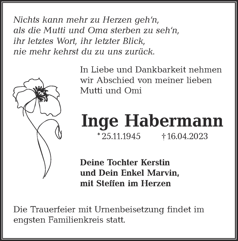  Traueranzeige für Inge Habermann vom 20.04.2023 aus Lausitzer Rundschau