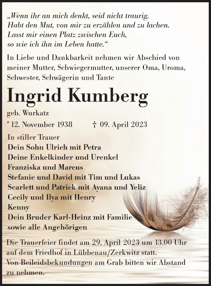  Traueranzeige für Ingrid Kumberg vom 22.04.2023 aus Lausitzer Rundschau