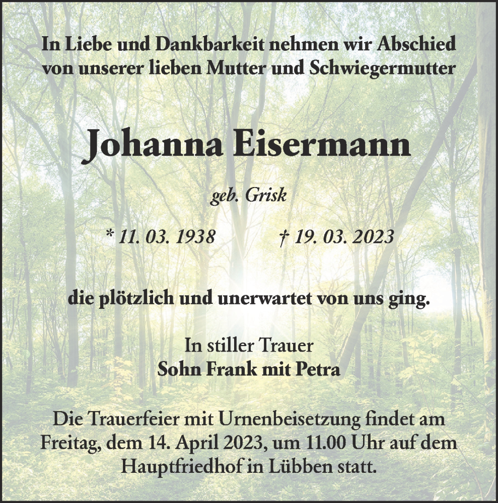  Traueranzeige für Johanna Eisermann vom 01.04.2023 aus Lausitzer Rundschau
