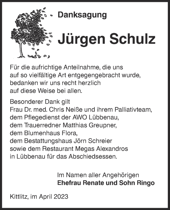 Traueranzeige von Jürgen Schulz von Lausitzer Rundschau