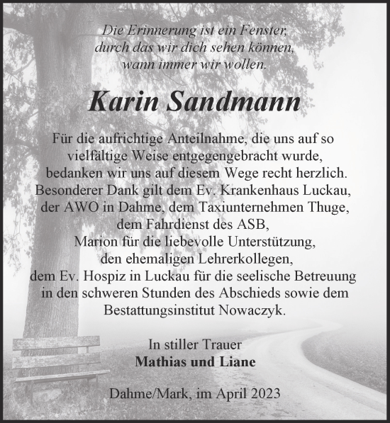 Traueranzeige von Karin Sandmann von Lausitzer Rundschau