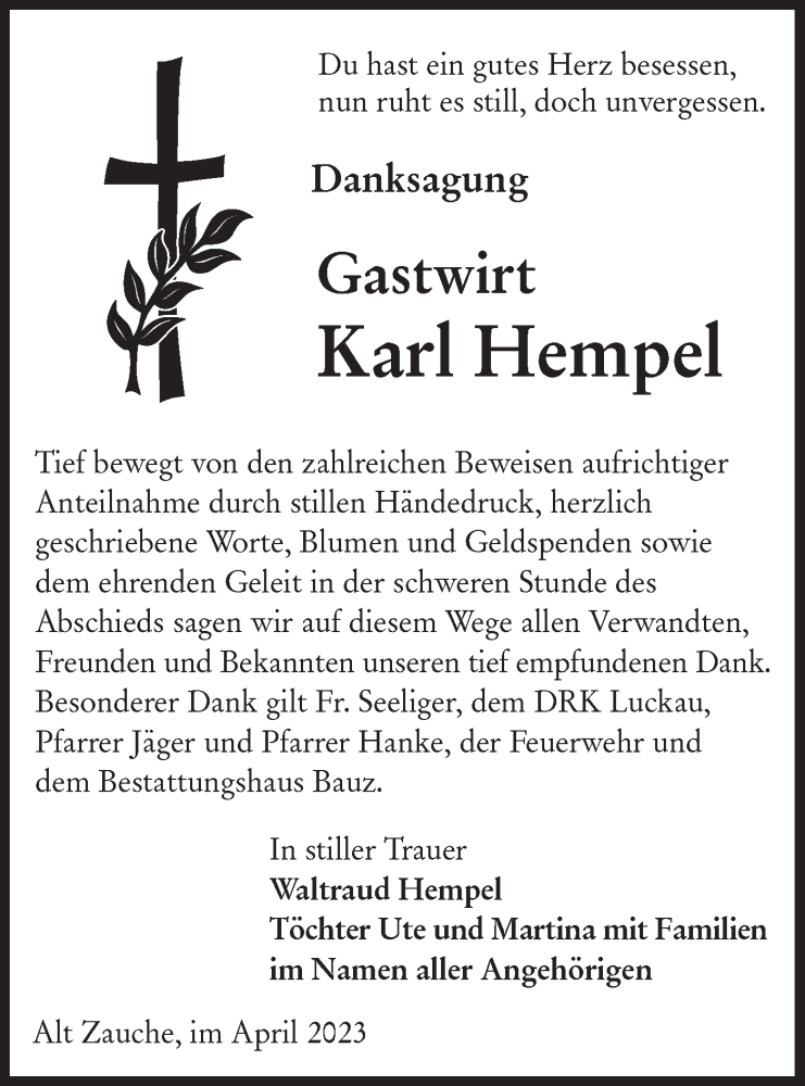  Traueranzeige für Karl Hempel vom 21.04.2023 aus Lausitzer Rundschau