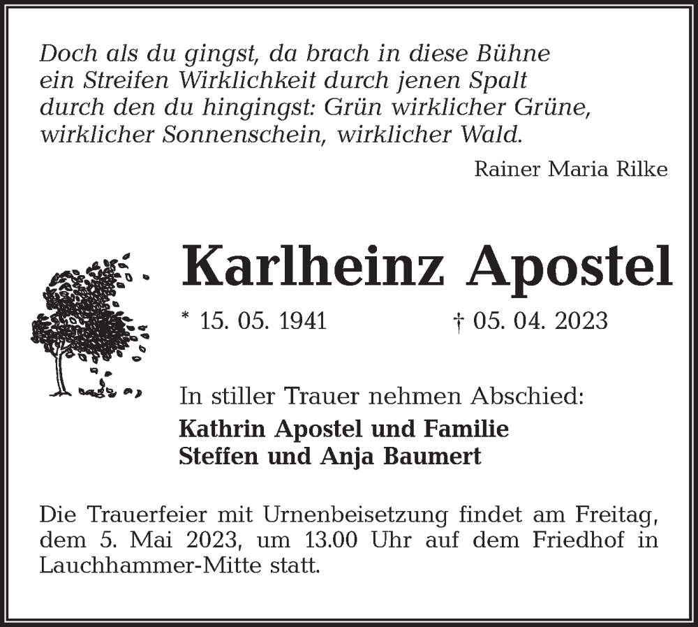  Traueranzeige für Karlheinz Apostel vom 22.04.2023 aus Lausitzer Rundschau