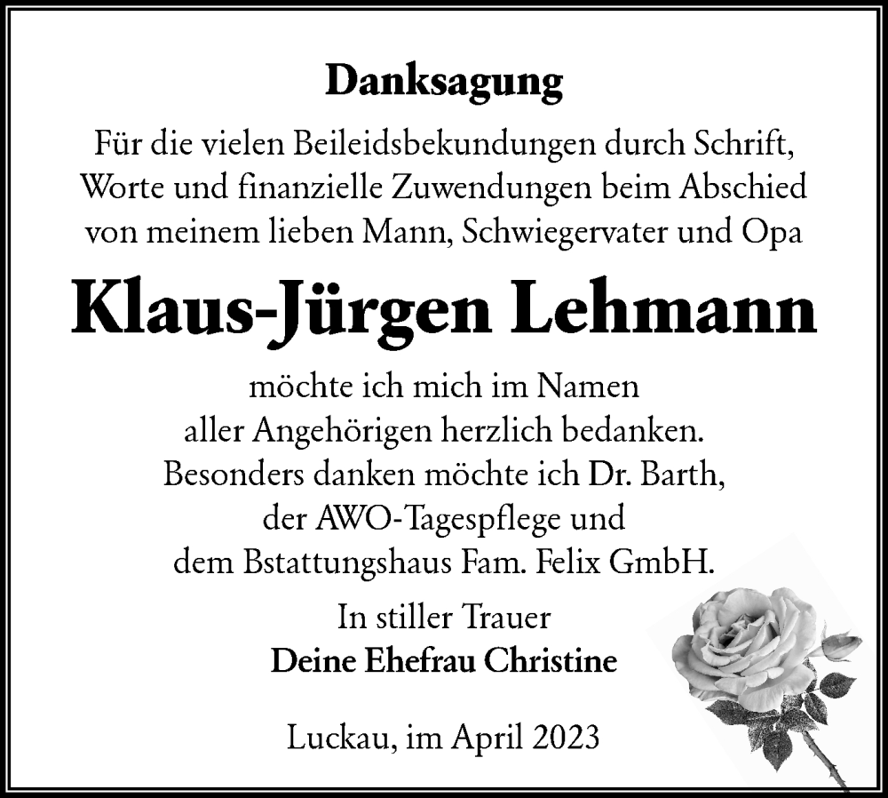  Traueranzeige für Klaus Jürgen Lehmann vom 29.04.2023 aus Lausitzer Rundschau