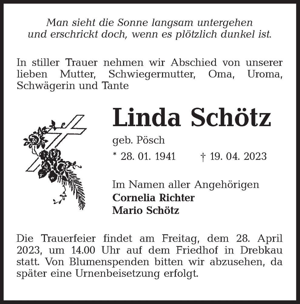  Traueranzeige für Linda Schötz vom 22.04.2023 aus Lausitzer Rundschau