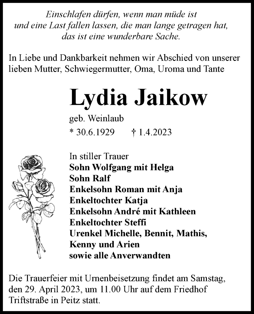  Traueranzeige für Lydia Jaikow vom 15.04.2023 aus Lausitzer Rundschau