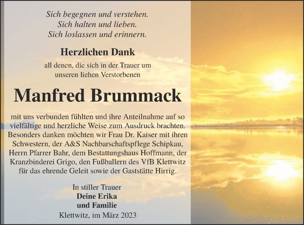  Traueranzeige für Manfred Brummack vom 01.04.2023 aus Lausitzer Rundschau