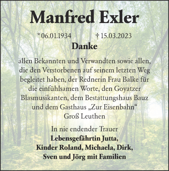 Traueranzeige von Manfred Exler von Lausitzer Rundschau