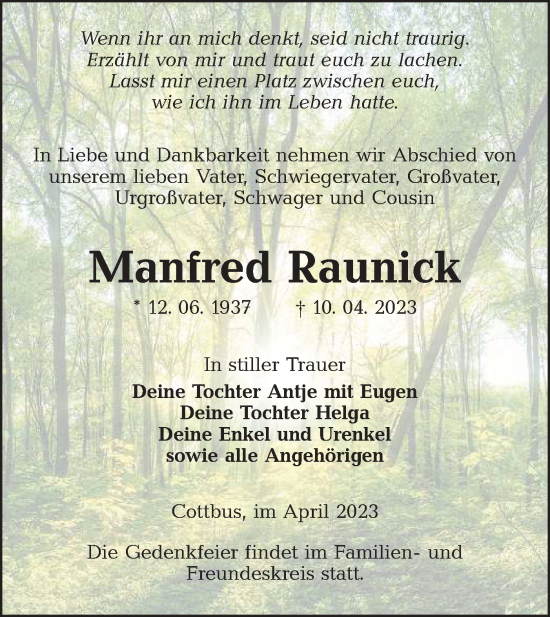 Traueranzeige von Manfred Raunick von Lausitzer Rundschau