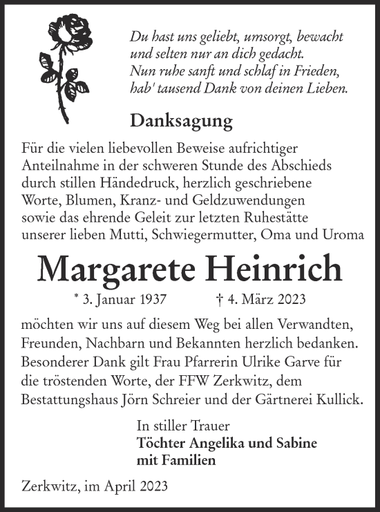 Traueranzeige von Margarete Heinrich von Lausitzer Rundschau