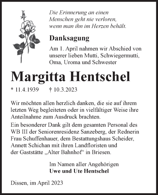 Traueranzeige von Margitta Hentschel von Lausitzer Rundschau