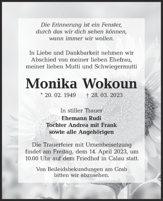 Traueranzeige von Monika Wokoun von Lausitzer Rundschau