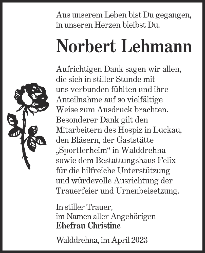  Traueranzeige für Norbert Lehmann vom 29.04.2023 aus Lausitzer Rundschau