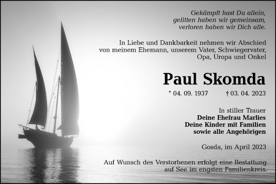 Traueranzeige von Paul Skomda von Lausitzer Rundschau