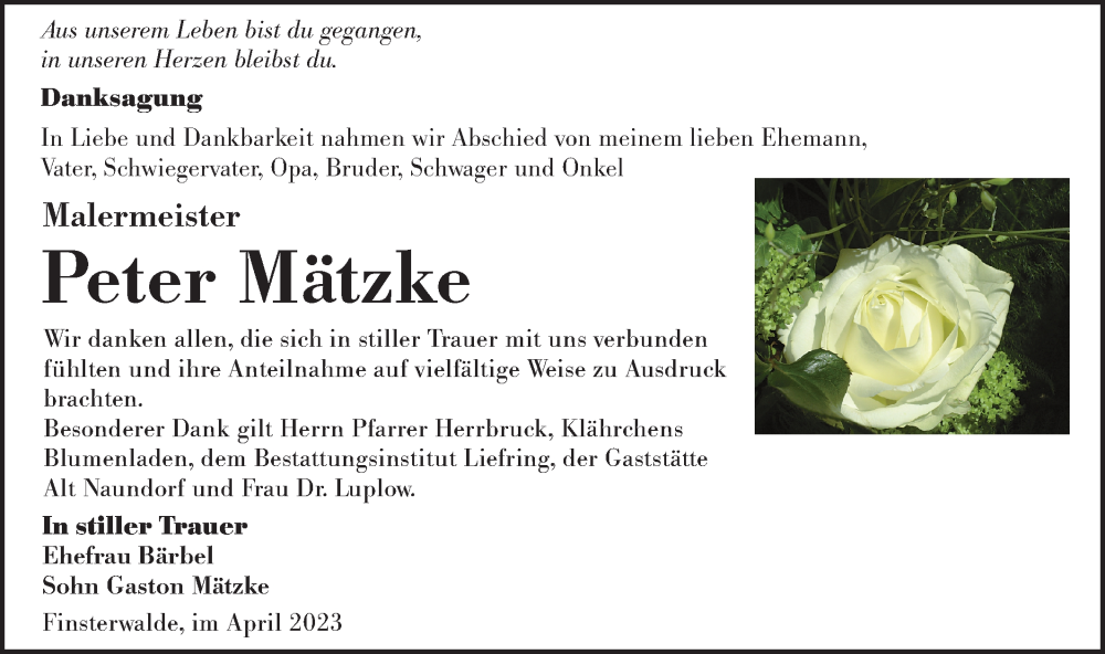  Traueranzeige für Peter Mätzke vom 08.04.2023 aus Lausitzer Rundschau