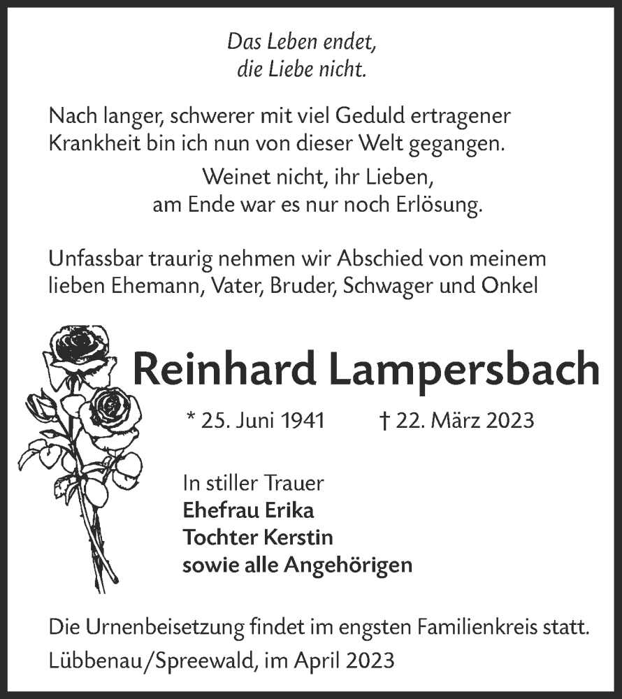  Traueranzeige für Reinhard Lampersbach vom 08.04.2023 aus Lausitzer Rundschau