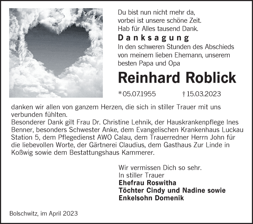  Traueranzeige für Reinhard Roblick vom 15.04.2023 aus Lausitzer Rundschau