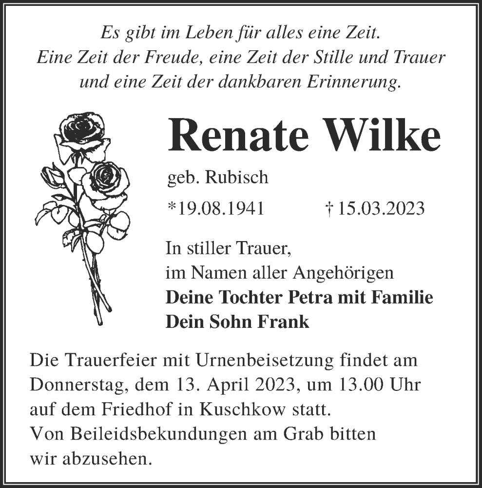  Traueranzeige für Renate Wilke vom 01.04.2023 aus Lausitzer Rundschau