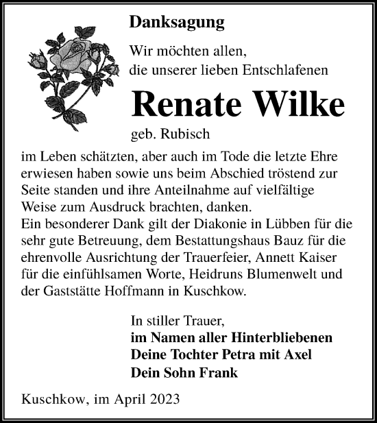 Traueranzeige von Renate Wilke von Lausitzer Rundschau