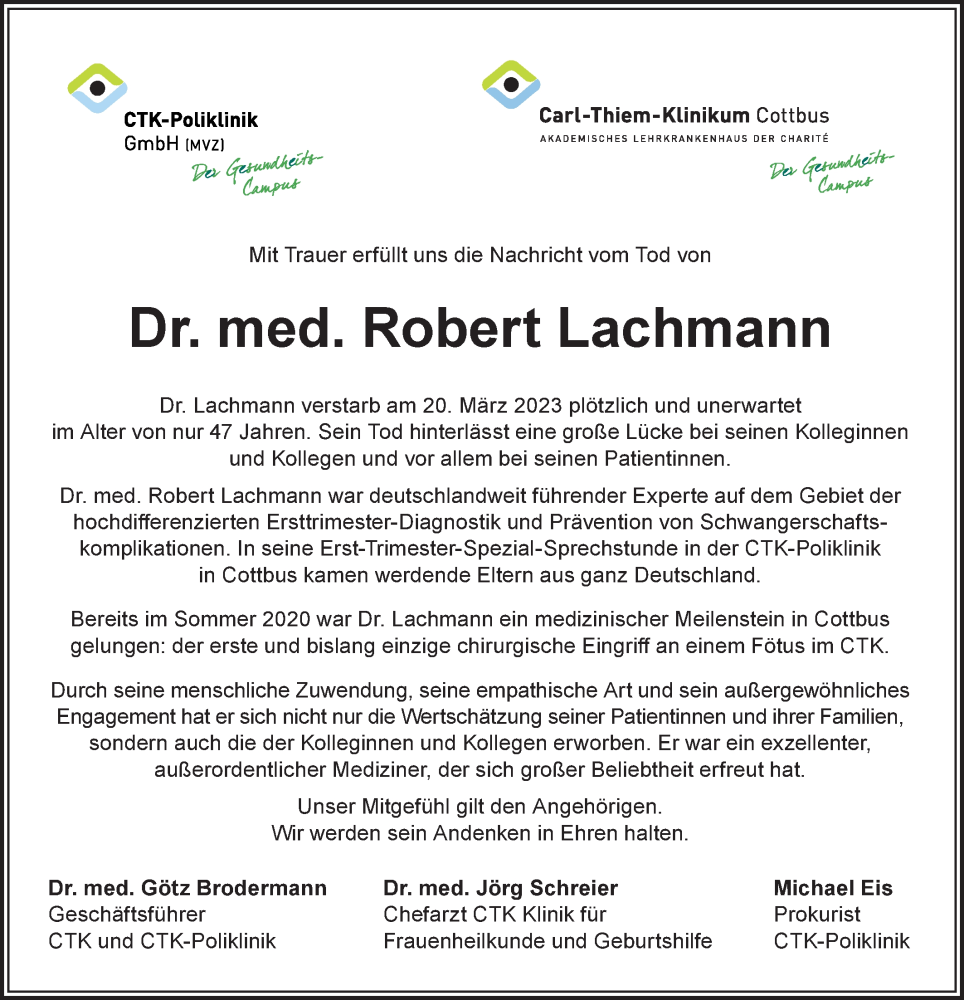  Traueranzeige für Robert Lachmann vom 08.04.2023 aus Lausitzer Rundschau