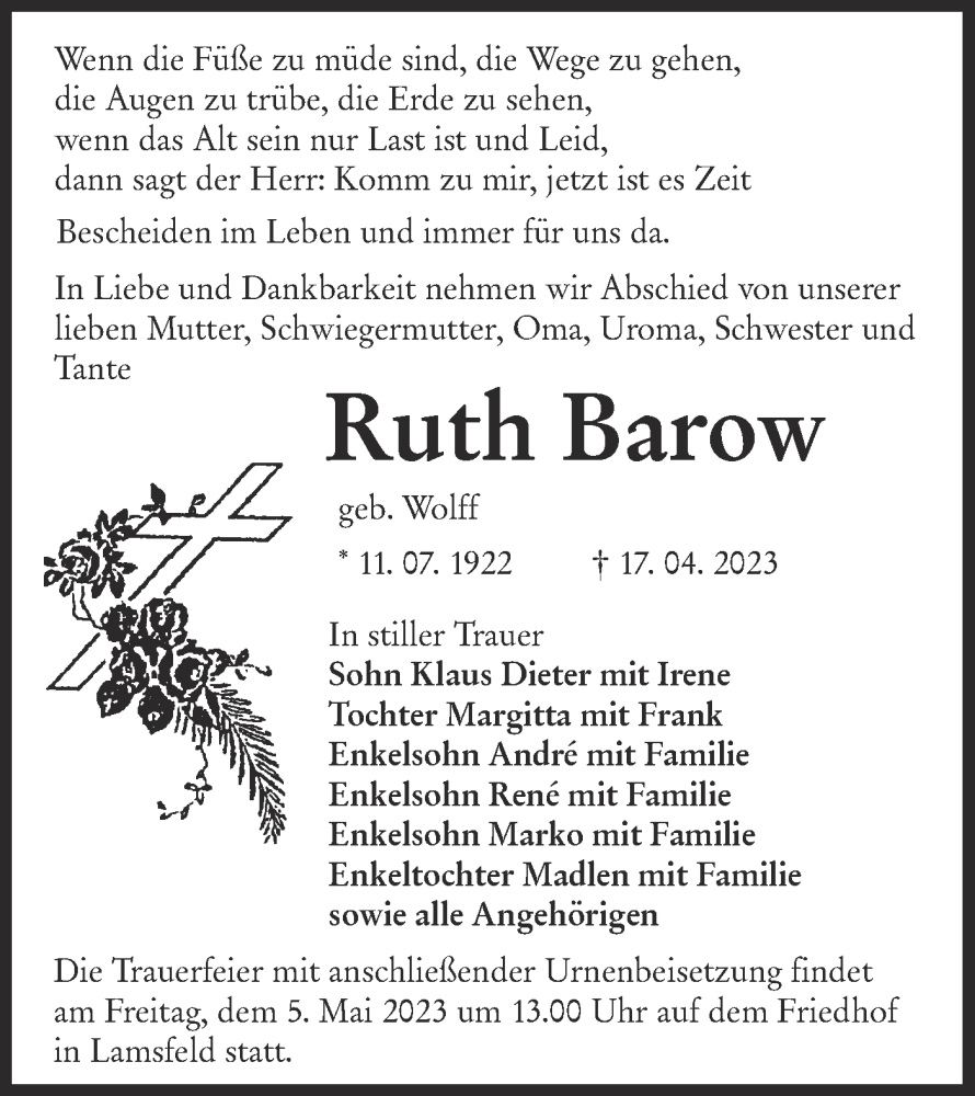  Traueranzeige für Ruth Barow vom 29.04.2023 aus Lausitzer Rundschau