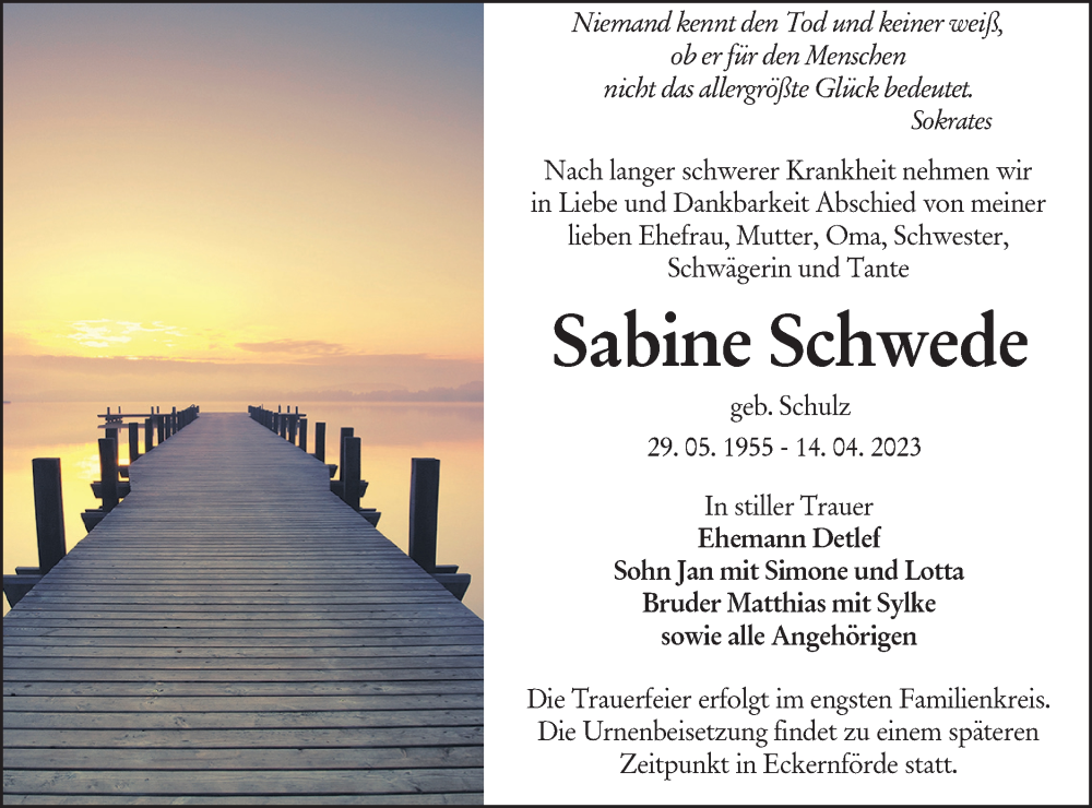  Traueranzeige für Sabine Schwede vom 22.04.2023 aus Lausitzer Rundschau