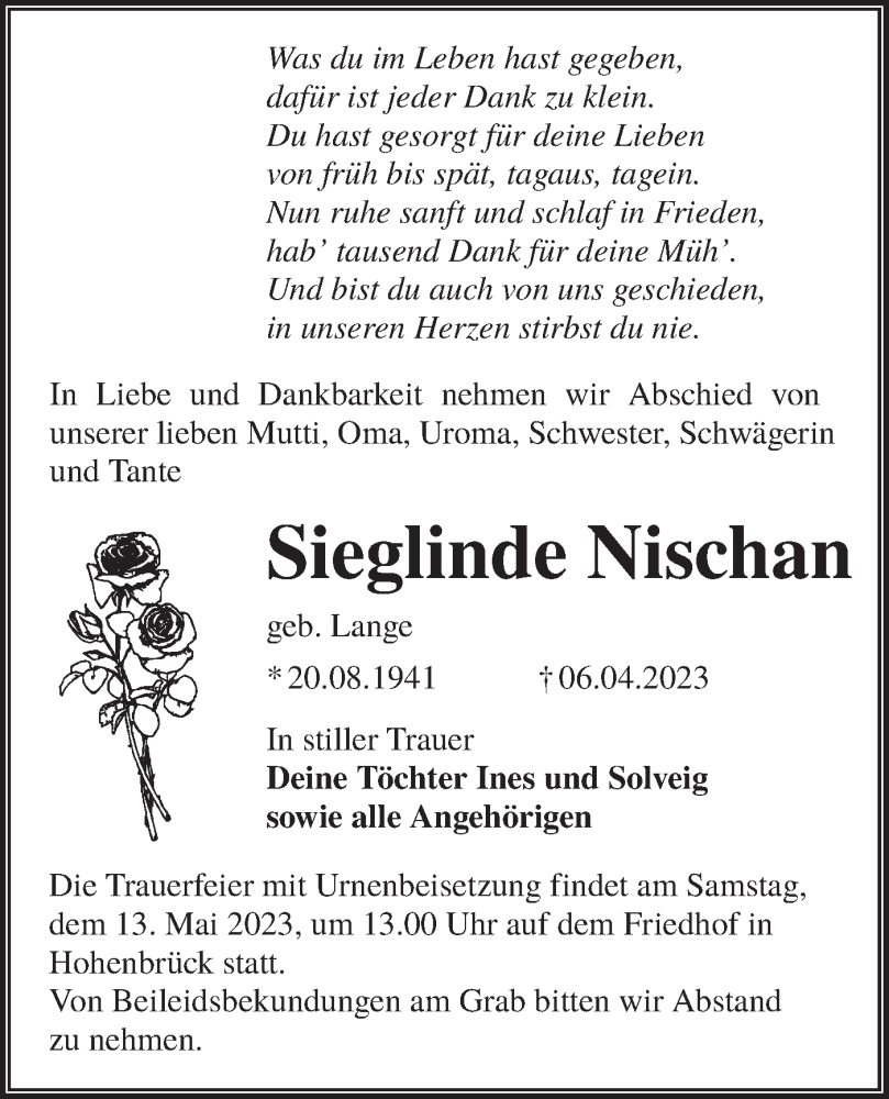  Traueranzeige für Sieglinde Nischan vom 22.04.2023 aus Lausitzer Rundschau