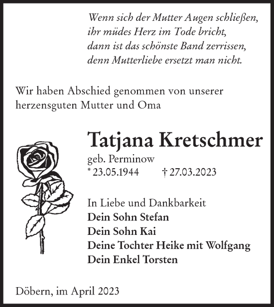 Traueranzeige von Tatjana Kretschmer von Lausitzer Rundschau
