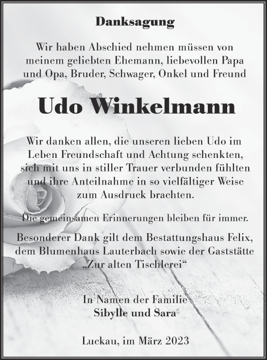 Traueranzeige von Udo Winkelmann von Lausitzer Rundschau