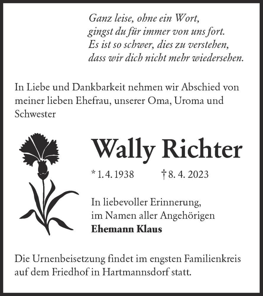  Traueranzeige für Wally Richter vom 15.04.2023 aus Lausitzer Rundschau