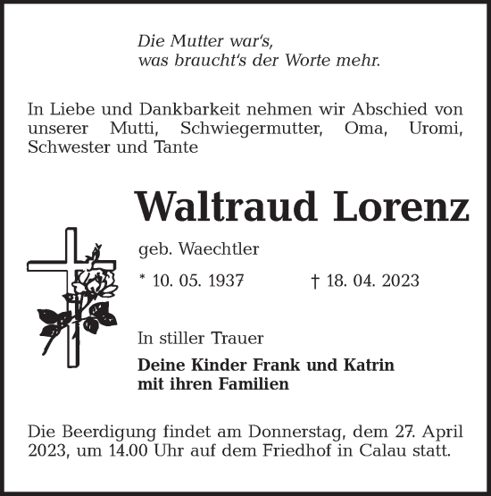 Traueranzeige von Waltraud Lorenz von Lausitzer Rundschau