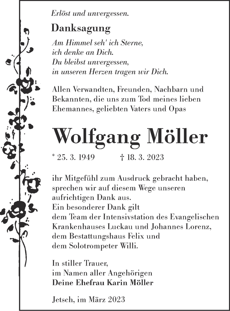  Traueranzeige für Wolfgang Möller vom 15.04.2023 aus Lausitzer Rundschau
