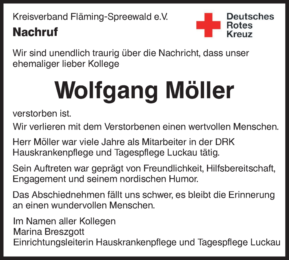  Traueranzeige für Wolfgang Möller vom 08.04.2023 aus Lausitzer Rundschau