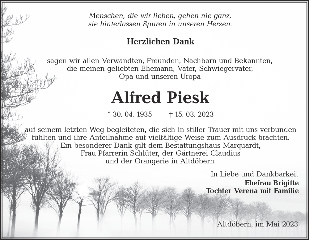  Traueranzeige für Alfred Piesk vom 06.05.2023 aus Lausitzer Rundschau