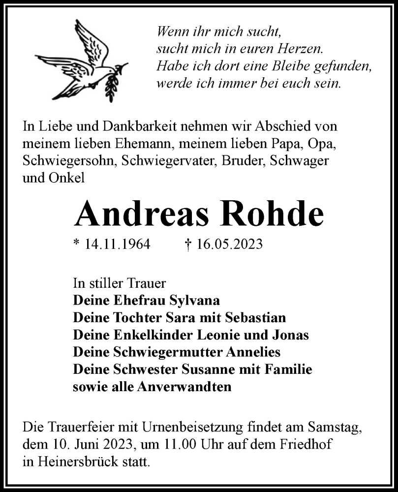  Traueranzeige für Andreas Rohde vom 27.05.2023 aus Lausitzer Rundschau